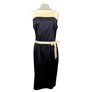 Bettie Page sz16 navy & cream retro style stretch wiggle dress EUC